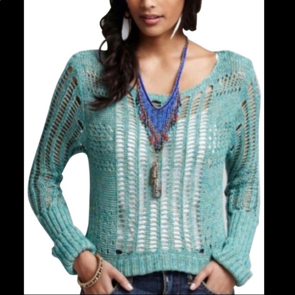 Free People Turquoise Open Knit Crop Sweater - Picture 3 of 7